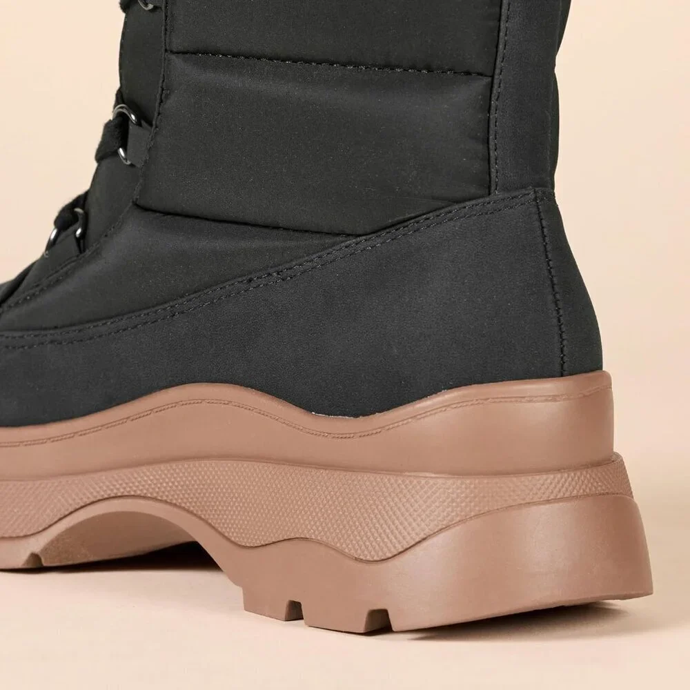 Women's Black Lace Up Imported Chunky Sole Puffer Snow Boots